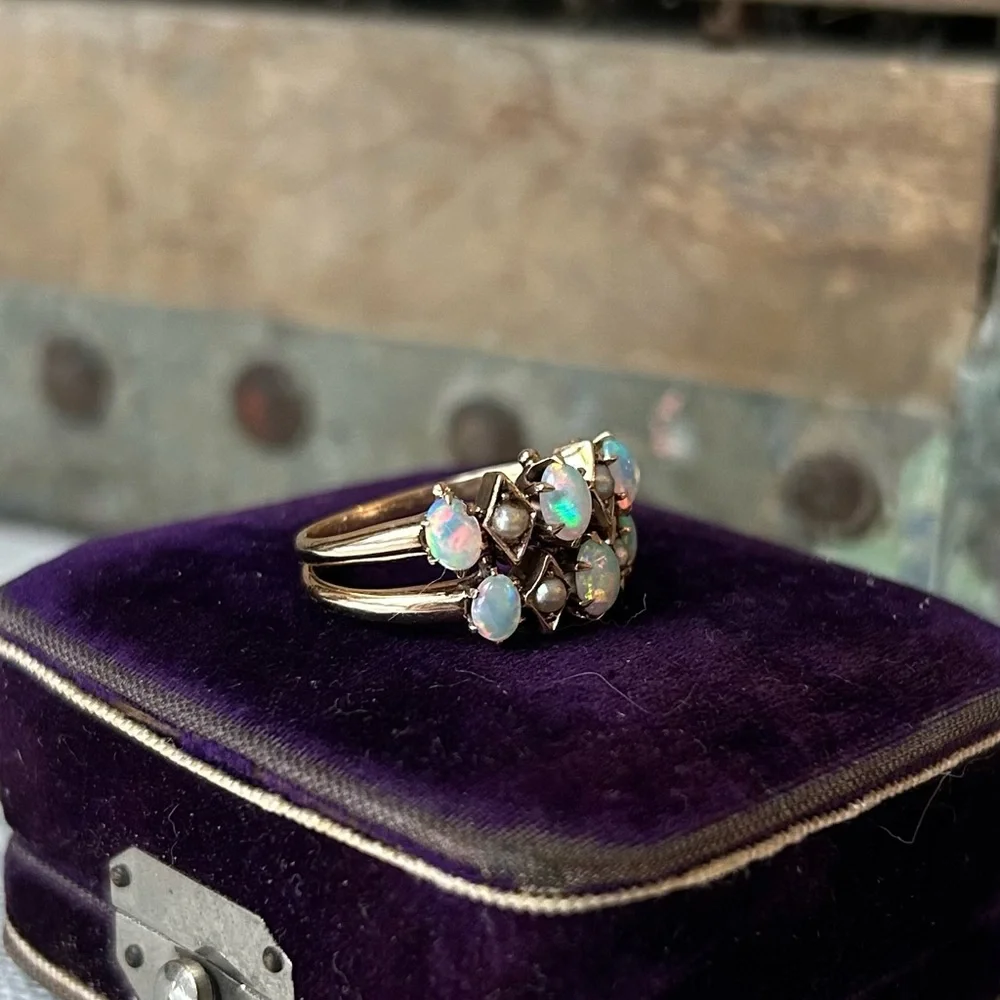 Antique 14K Seed Pearl & Opal Double Ring - Picture 3 of 8